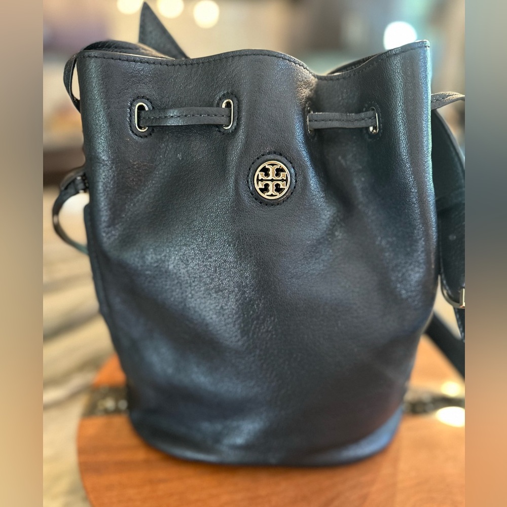 Tory Burch Black Leather Drawstring Bucket Bag